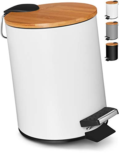 VMbathrooms 3L Kosmetikeimer in edlem weißem Design | Tretmülleimer mit Absenkautomatik (Soft Close) | Eleganter Eimer fürs Bad mit Innenbehälter und Bambus-Holzdeckel