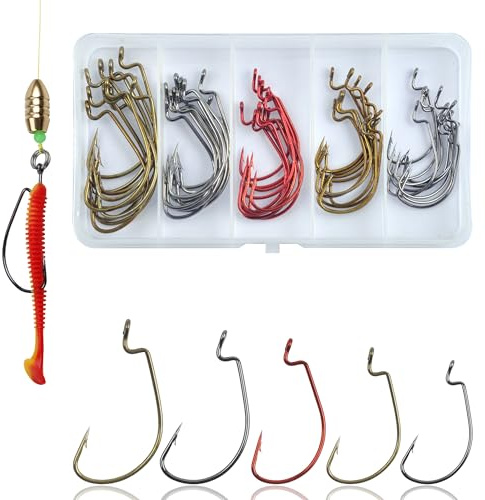 50stk Angelhaken Set Offset Worm Dropshot Haken für Gummiköder, Offsethaken für Gummifische, Wide Gap Angelhaken für Jigs