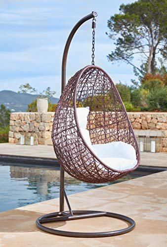 Kideo® Hängesessel Komplettset inkl Gestell & Sitzkissen, Lounge-Möbel, Polyrattan, Swing Chair, Gartenmöbel, Lounge (braun/weiß)