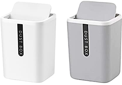 Recycling-Mülleimer, Kunststoff, rechteckig, Mini-Tischabfalleimer, tragbar, 2 Stück, geeignet für Nachttische, Badezimmer, Büros, Wohnzimmer, Küche, Grau, Weiß