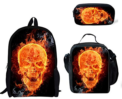 Binienty 3-in-1-Rucksack mit Lunchtasche und Federmäppchen für Kinder, Jungen, Mädchen, Schulschulranzen, Feuerschädel, Einheitsgröße,