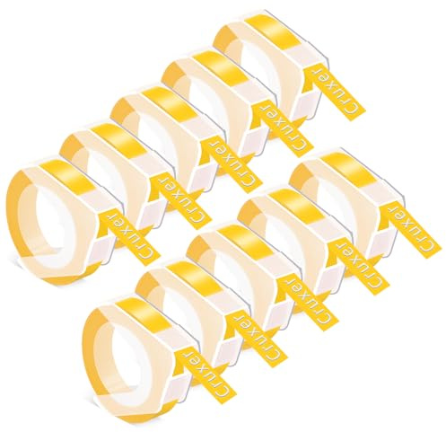 Cruxer Lot de 10 rubans de gaufrage compatibles avec Dymo Omega - 9 mm x 3 m - Étiquettes en vinyle blanches sur jaune pour étiqueteuses Dymo Omega Junior