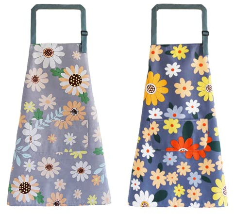 MageJoy Küchenschürze mit Blumenmuster, 2er Set Kochschürze Damen verstellbar mit Tasche, für Küche Backen Garten, Baumwolle