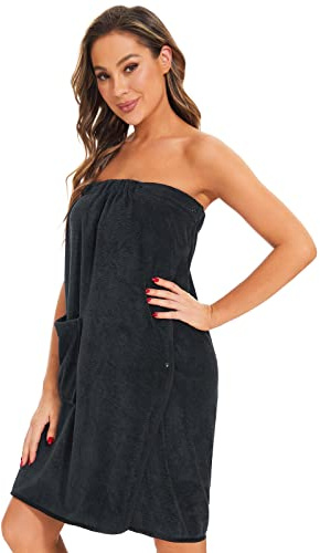 Ymmchy Sauna Frottee Bademantel Damen Saunatuch Saunakilt mit Druckknöpfen, Tasche und Gummizug