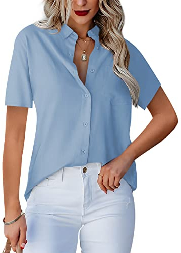 Homlan Damblus, v-ringad, långärmad, elegant, ledig, knappblus, arbetsblus, enfärgad, med bröstfickor, D-ljusblå, XL