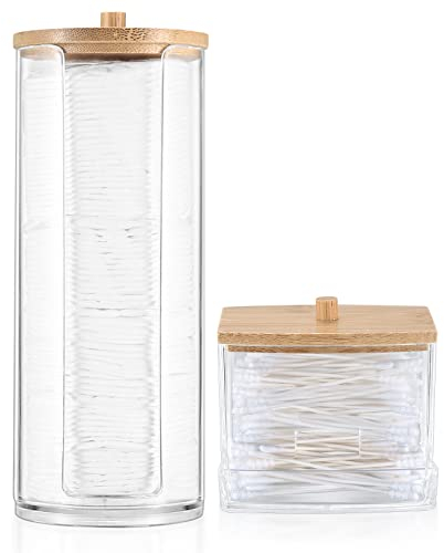 Gaomoeny 2 Stk Wattestäbchen Halter, Wattepadspender, Wattepad Aufbewahrungbox mit Bambusdeckel, Transparent Kosmetik Organizer Spender, für Bad Make Up Wattestäbchen Wattepad Aufbewahrung