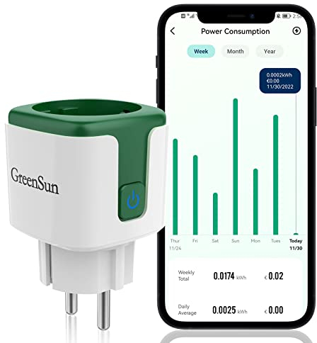 GreenSun WLAN Steckdose mit Strommessung - Stromzähler für Steckdose Smart Life APP Fernzugriff, Zeitschaltuhr Stromverbrauch Sprachsteuerung mit Alexa, Google Home 16A 2,4 GHz WiFi