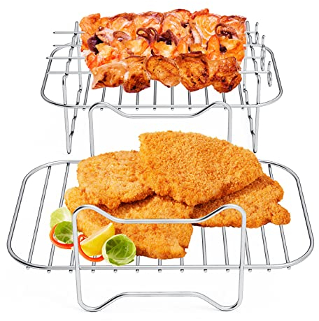 SUSNUAN 2 PCS Air Fryer Rack, Stainless Steel Air Fryer Double Layer Rack with 4 Skewers, Multi-Purpose Air Fryer Accessories, Suitable for Double Basket Air Fryer, Roasting Oven, Microwave