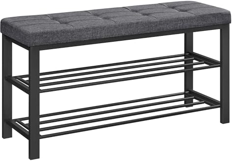 SONGMICS Schuhbank, Schuhregal mit 3 Ebenen, Schuhaufbewahrung, Sitz mit Schaumstoffpolsterung, Leinen, Metallrahmen, für Wohnzimmer Eingangsbereich, 31 x 100 x 49 cm, dunkelgrau-schwarz LBS579B01