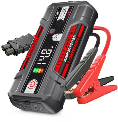 LOKITHOR J400 2000A 12V Tragbare Lithium-Starthilfe Autobatterie Booster Pack USB-C Powerbank Ladegerät und Starthilfekabel für bis zu 8,0 Liter Gas und 6,0 Liter Dieselmotoren, Smart Digital Screen