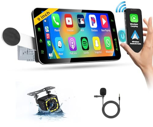 Inefala Autoradio 1 DIN con Schermo Rotante da 9 Pollici con Supporto Magnetico per Telefono, Touchscreen Stereo Auto 1 Din con Wireless CarPlay Android Auto Radio FM/AM/RDS Bluetooth Mic Retrocamera