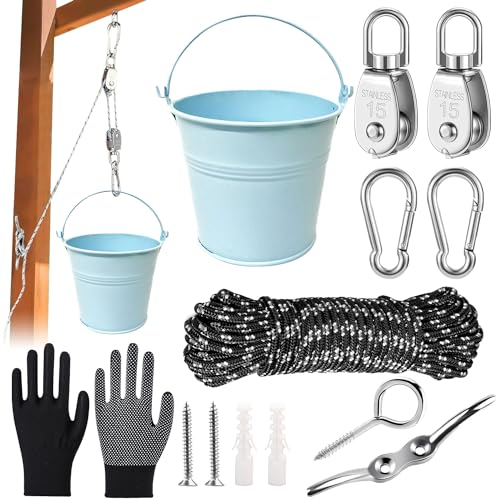 Flaschenzug Kinder,Zubehör fürs Baumhaus Spielturm,Flaschenzug mit Eimer,Flaschenzug mit Metalleimer,Riemenscheibe mit Eimerkabel,Spielturm Zubehör,Kinder Riemenscheibensystem