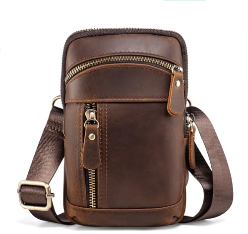 Hengwin axelväska i äkta läder för män, mobiltelefonväska, crossbody-slingväska, axelväska liten handväska, miniväska för män (retrobrun)