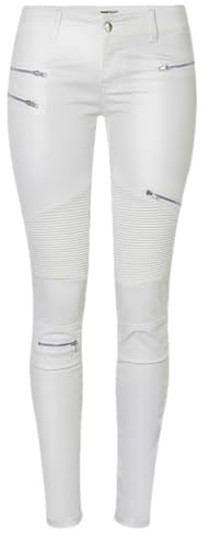 RSBFK - Pantaloni da donna in pelle PU, stile bici, adatti per il ciclismo, vestibilità slim, elasticizzati, bianco, 76