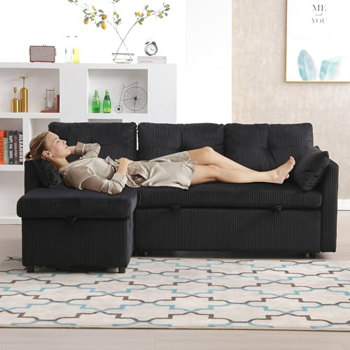 YESGIGA Multifunktionales Schlafsofa mit Stauraum und ausziehbarem Bett, Chaiselongue-Wechselsofa, modulares L-Sofa (Schwarz)