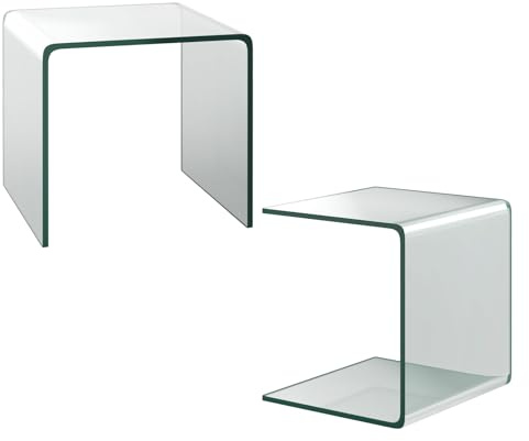 COSTWAY Sidobord i glas, uppsättning av 2 nattduksbord, U-formad transparent glasbord, kvadratiskt, vardagsrumsbord, soffbord, soffbord för vardagsrum, kontor, sovrum, 45 x 45 x 41 cm