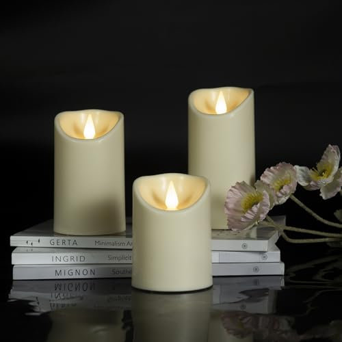 Abrief LED Candles Outdoor 3 Pack I with Remote and Timers Plastic Flameless Fake Candles I Battery Operated(D:7.5cm X H:10, 12.5, 15cm)