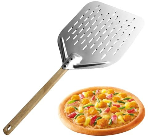 Generisch Pizza Oven Spatula, Pizza Peel, 12 Inch Aluminium Alloy Pizza Peel with Wooden Handle, Non-Stick Perforated Sliding Paddle, Hollow Pizza Shovel for Home Restaurants, Pizza Oven