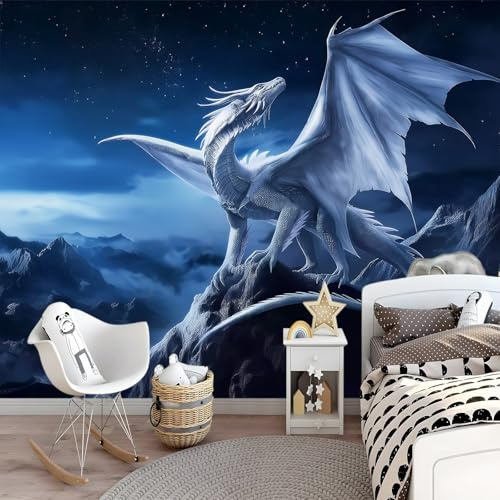 Fototapete Fantasie Drache Berge Vlies Fototapete Schlafzimmer Wohnzimmer Kinderzimmer Deko 350 x 256 cm Moderne Vliestapete Wandtapete Motivtapeten 3d Effekt Dekoration Dunkelblau