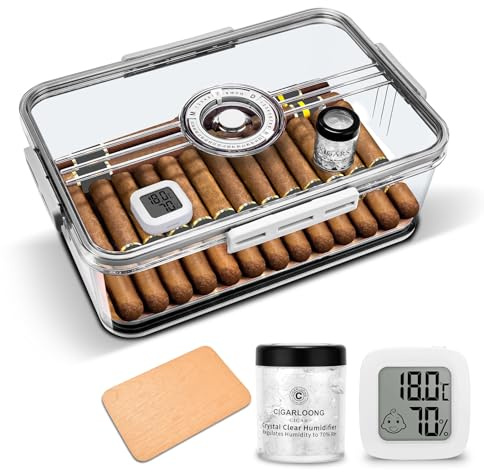 CLZOONG Cigar Humidor Jar/Case/Box Large Clear with Hygrometer,Humidifier&Cedar Wood Slice, Acrylic Cigar Humidor Portable Airtight Can Hold About 40-60 Cigars (M)