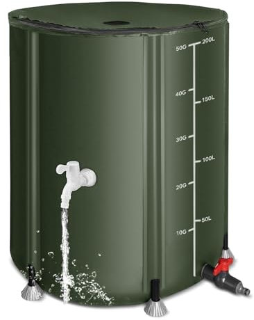 Collapsible Rain Barrel 53 Gallon Portable Rain Barrel,1000D Oxford Foldable Water Barrels ，200L Heavy Duty Rain Water Collection Barrel with Spigots & Overflow Kit for Garden,Green