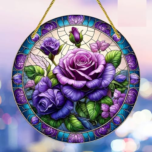 Sonnenfänger zum Aufhängen, Motiv: violette Rose, Blume, Blätter, Buntglas, Sonnenfänger, Fensterdekoration, Buntglasscheibe, Sonnenfänger, Wanddekoration, Geburtstagsgeschenke