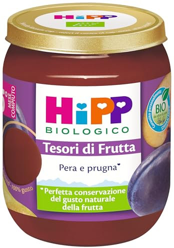 HiPP Tesori di Frutta, Novità HiPP, Omogeneizzato Biologico di Frutta Neonato, Gusto Pera e Prugna Indicato dal 5° Mese di Età, Neonato, Qualità Bio, 6 vasetti da 160 g