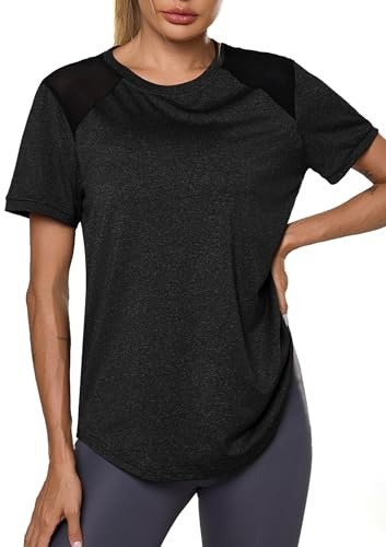 Terecey Womens Sports T Shirt Mesh Panel Short Sleeve Breathable Quick Dry Workout Gym Top for Yoga Running Training, Black XL