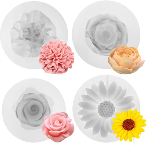 4 moldes de silicona para hacer velas, diseño de flores, moldes de silicona para fundición, molde de fundición para hacer velas, jabones, decoración del hogar, artesanía de resina de yeso (rosas