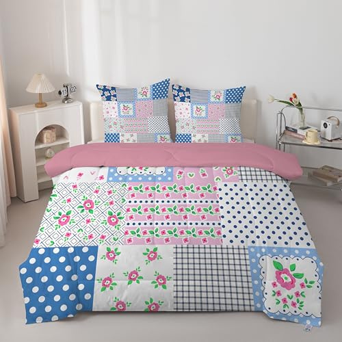 Couette 260x240 cm Patchwork Bleu – Couette Imprimée Plaid Floral 4 Saisons en Microfibre, Duvet 240x260 Legere et Chaud, Edredon Réversible pour Lit 2 Personnes avec 2 Taies d'oreiller 65x65 cm