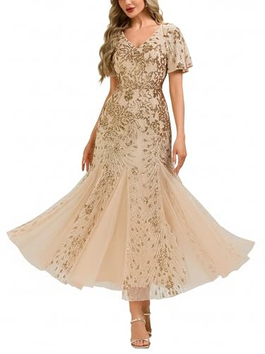 Ever-Pretty Women's Elegant Sequin Formal Evening Dress Mermaid V-Neck Short Sleeves Mother of Bride Dresses Gold US18
