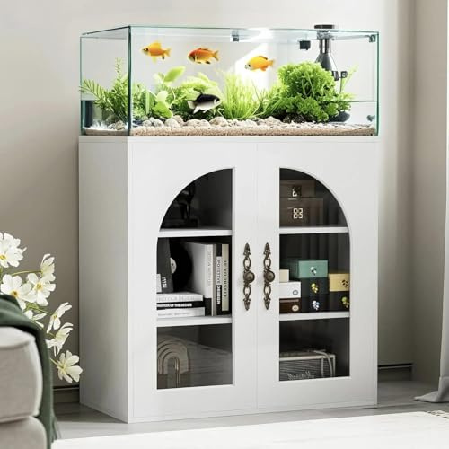 Belandi 20-29 Gallon Fish Tank Stand with Adjustable Shelves, Glass Door Aquarium Stand with Storage Cabinet, 31x15 Reptile Terrarium Stand with Bronzed Metal Handles, Level Footings, 180 Lbs