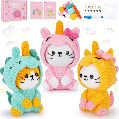 BRTNUP Katzen Häkelset für Anfänger, Niedliche Katzen Häkelset mit Video-Tutorial Starter Katze Cosplay Tier Strickset Tiere Cosplay Set Anfänger Häkelsets Häkeln Starter Kit (Einhorn)