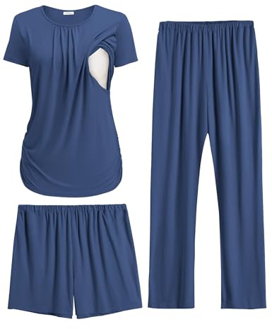 Ekouaer Maternity Pajamas Postpartum Lounge Sets for Women Nursing Pjs Breastfeeding Clothes Pregnancy Shorts & Pants Navy Blue M