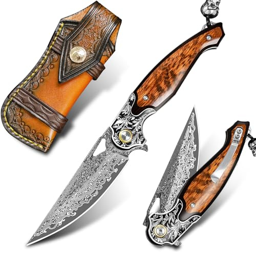 ALVELY Handgefertigtes Taschenmesser aus Damaszenerstahl, Unisex-Klappmesser mit Lederscheide und Taschenclip, mit rutschfestem Holzgriff. Ideal für Outdoor-Abenteuer und als EDC-Campingmesser.