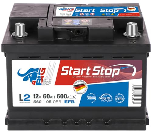 BIG Start-Stop EFB Autobatterie 12V 60Ah 600A/EN Starterbatterie | Wartungsfreie Batterie für PKW ersetzt 62Ah 65Ah