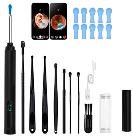 Ear Wax Removal Camera, 10mp HD Ear Cleaner with Camera with LED Lights, IP67 Waterproof Lens, Wireless & Easy to Use, Ear Cleaning kit for iOS & Android, Precision Tweezers & Silicone Scoop (Black)