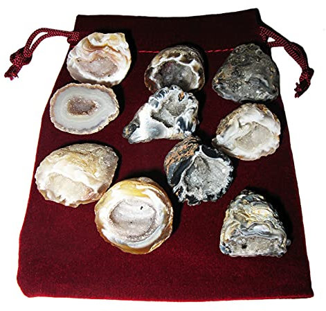 Naturheilmittel Heilsteine Methusalem GmbH Neu-Ulm Achat-Geode Kristall Druse 10x ECHTE polierte Achatgeoden Feengärten a je ca. 2,5-3 cm. 21-TLG Set mit 10x Beschreibungen + Täschchen. 60022