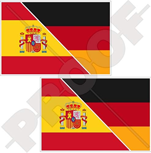 SPANIEN-DEUTSCHLAND Spanisch-Deutsch Flagge 75mm Auto & Motorrad Aufkleber, x2 Vinyl Stickers