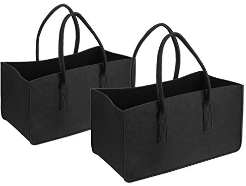 Lot de 2 sacs en feutre noir pour provisions, bûches de cheminée, panier à journaux (noir)