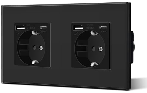 BSEED Doppelt Schuko Wand Steckdose mit USB & Typ C Glas 3 in 1 Unterputz Steckdosen 2 Weg mit 2.1 A USB Ladeleistung und Typ C Adapter Aufladestation Verlängerungssteckdosen 157mm Schwarz
