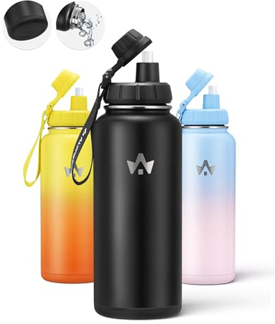 ALongSong Metal Insulated Water Bottle 1 L, Stainless Flask for Hot Drink/Cold Drink with Bouncing Straw, Non-Slip Silicone Bottom,BPA Free,Leakproof for Sports, 2 Cup Lids-Black