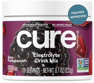 Cure Hydration | Plant-Based Electrolyte Drink Mix | No Added Sugar | FSA-HSA | Dehydration Relief Powder Made with Coconut Water | Non-GMO | Vegan | 28 Servings Jar - Berry Pomegranate