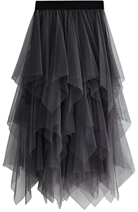 Damen Rock Tüll Unregelmäßig Unterrock Lagenrock Ballett Tutu Abschlussball Party Faltenkleid A-Linie Midirock High Waisted Rock (Grau, Einheitsgröße)