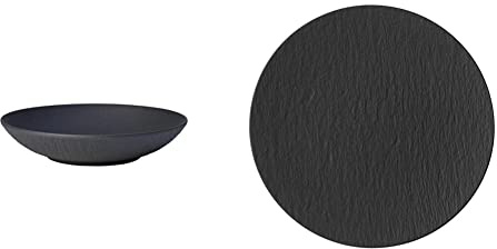Villeroy & Boch - Manufacture Rock Schale flach, 6 Stück, 1100 ml, 23 cm, Premium Porzellan, spülmaschinen-, mikrowellengeeignet, schwarz & 10-4239-2590 Manufacture Rock Pizzateller, Premium Porzellan