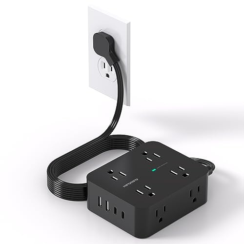Power Strip Surge Protector, HANYCONY 5Ft Ultra Thin Flat Extension Cord with Multiple Outlets, 8 Widely Outlet Extender 4 USB Ports(2 USB C), 1080J Wall Mount for College Dorm Room Essentials Black