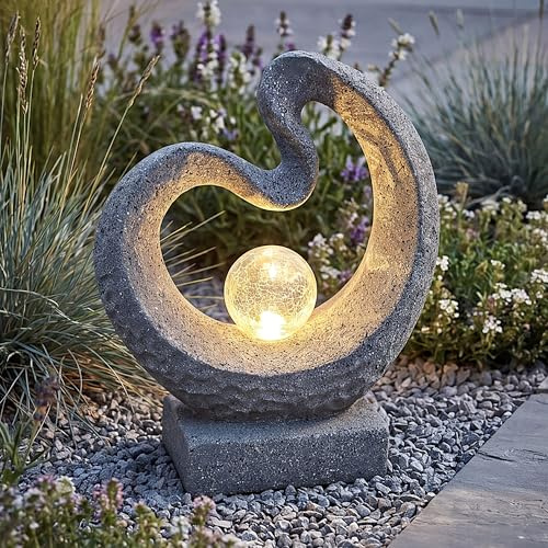 Arnusa Escultura de Luz Solar con Aspecto de Granito, Lámpara Solar Moderna de 33,5 x 39 cm, Figura de Jardín, Estatua con Bola de Cristal, Iluminación de Jardín Blanca Cálida, Decoración