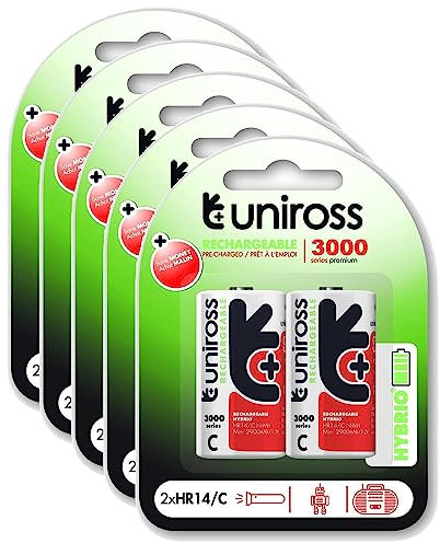 Uniross Pack de 5 x 2 Piles Rechargeables C/HR14 3000 NIMH HYBRIO, 1.2V