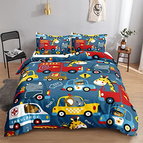HOSIMA Cartoon Autobettwäsche Set für Erwachsene, Jungen und Mädchen, Aquarell Cartoon Druck, Bettbezug mit 2 Kissenbezüge (cartoon, Auto S)