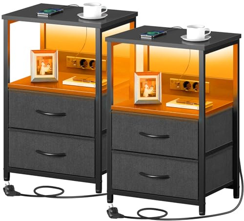 Seventable Set of 2 LED Bedside Tables with Charging Station & 2 Storage Drawers - Smart Night Stands with Double Plug Adaptor UK & 2 USB, Narrow Side Table for Bedroom Living Room Sofa (2, Black)